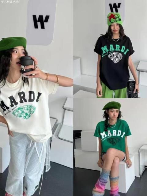 韓國Mardi高金銀同款鑽石印花短袖t恤女新款上衣百搭寬松純棉短袖24052401