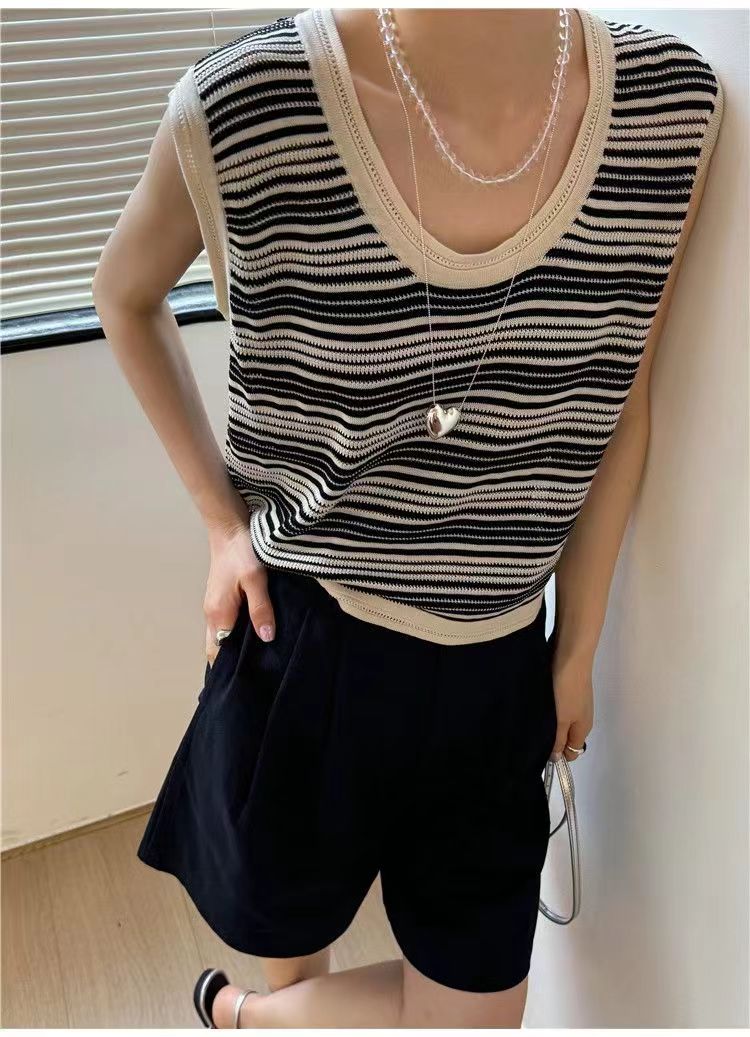 撞色條紋冰絲針織衫背心女夏裝新款洋氣小衫韓版寬松無袖上衣24052306