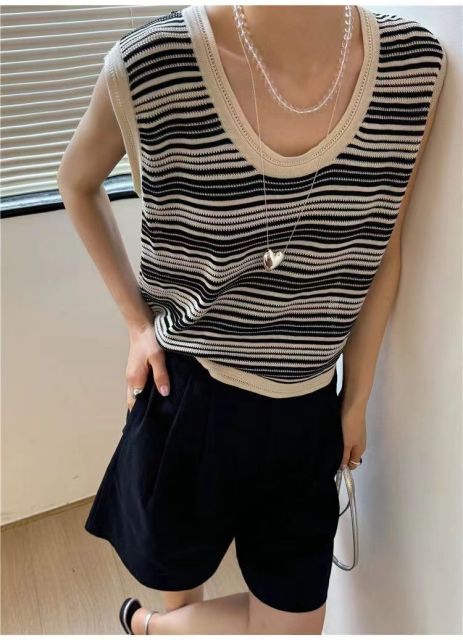 撞色條紋冰絲針織衫背心女夏裝新款洋氣小衫韓版寬松無袖上衣24052306