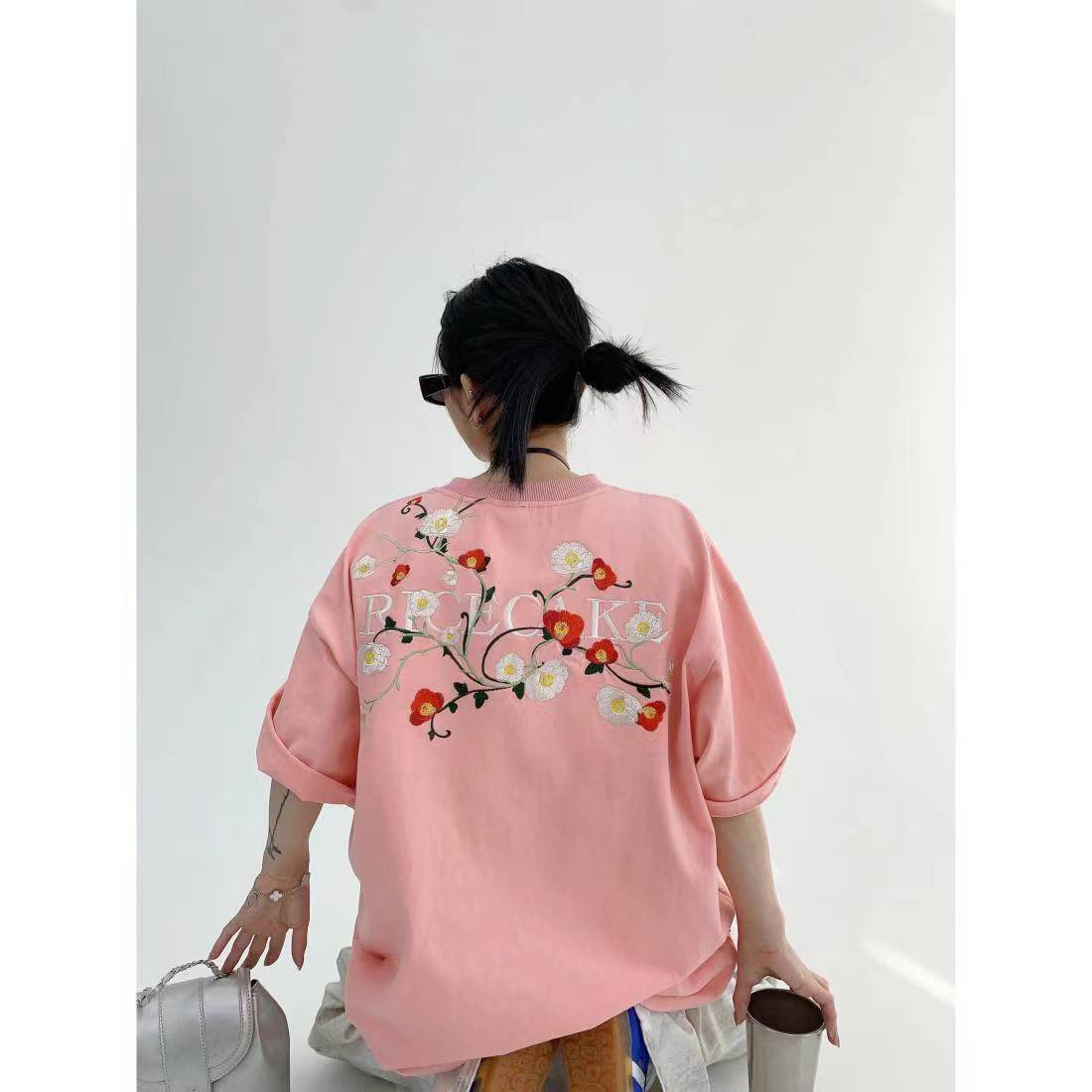 純棉新款重工刺繡chic夏季美式小眾印花短袖寬松情侶T恤女潮24052307