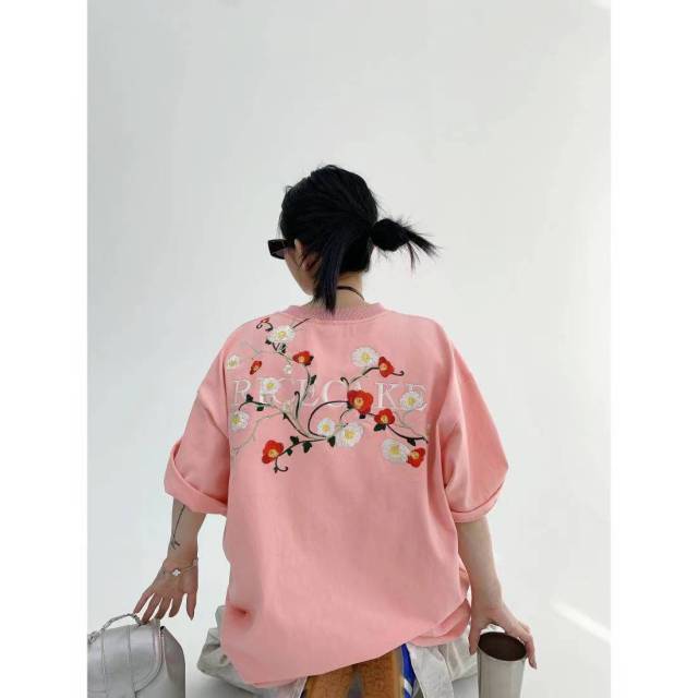 純棉新款重工刺繡chic夏季美式小眾印花短袖寬松情侶T恤女潮24052307