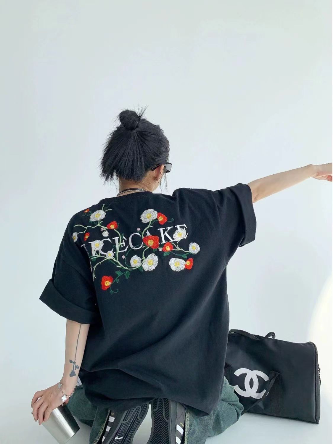 純棉新款重工刺繡chic夏季美式小眾印花短袖寬松情侶T恤女潮24052307