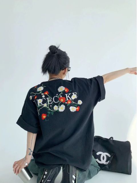 純棉新款重工刺繡chic夏季美式小眾印花短袖寬松情侶T恤女潮24052307