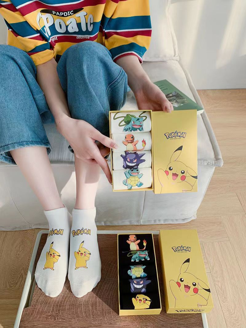 皮卡丘盒裝神奇寶貝短襪日系卡通學院風禮盒情侶船襪小火龍傑尼龜24052411