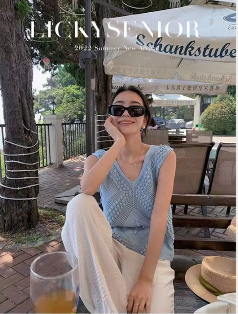 設計感小眾別緻鏤空針織背心女夏季外穿寬松百搭馬甲無袖坎肩上衣24052407