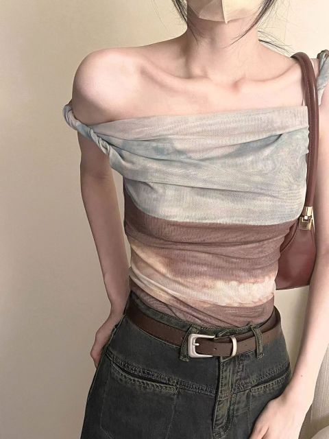 ArinaaaStudio莫奈的畫展暈染抽象油畫系網紗不規則背心女露肩24052601