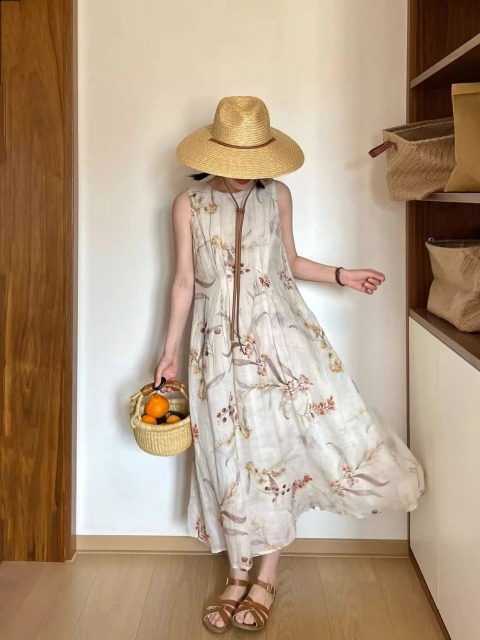 仿棉麻竹紋節新中式古風長裙女設計感印花復古連衣裙24052906