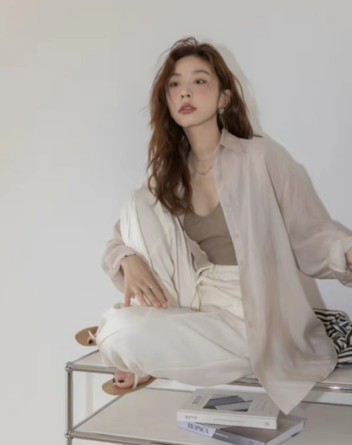 防曬長袖襯衫女夏季天絲棉材質後開衩寬松休閒輕薄上衣女24052803