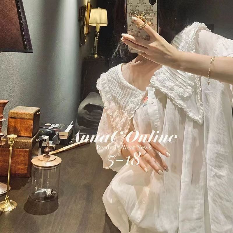 法式復古娃娃領襯衫女寬松設計感短袖上衣夏季新款24052805