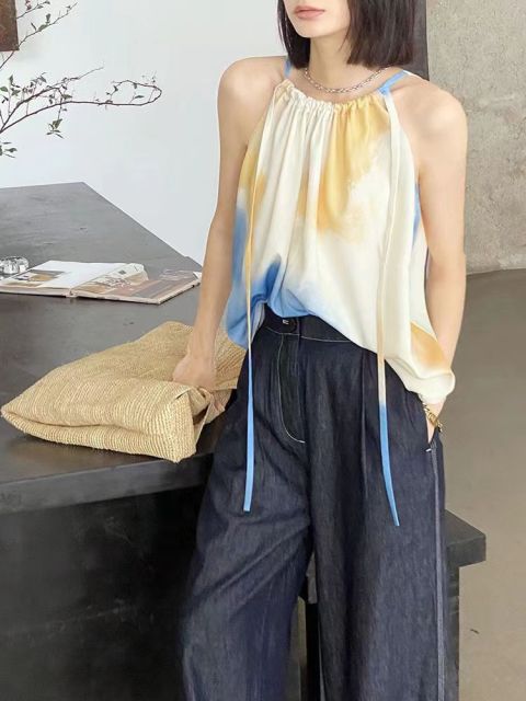 小眾設計感扎染漸變系帶寬松吊帶背心女夏季新24053002