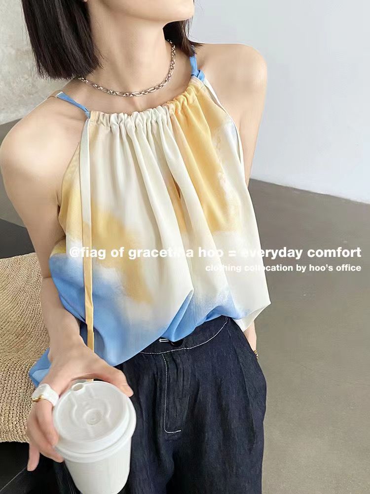 小眾設計感扎染漸變系帶寬松吊帶背心女夏季新24053002