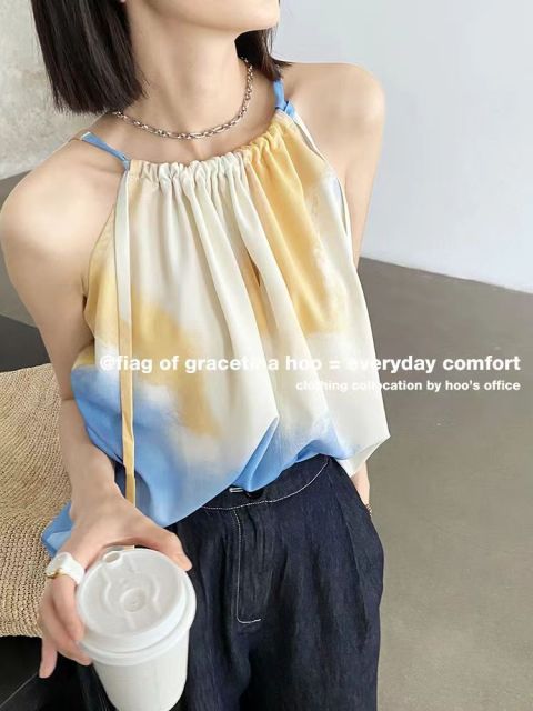 小眾設計感扎染漸變系帶寬松吊帶背心女夏季新24053002