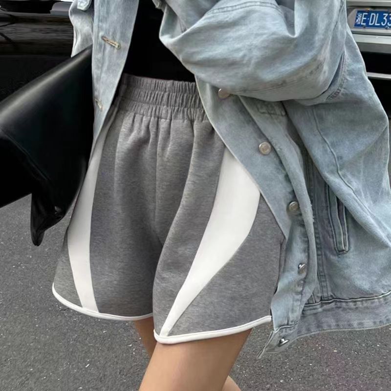 美式高腰個性拼色休閒運動短褲女闊腿褲夏季小個子寬松顯瘦直筒褲24060203