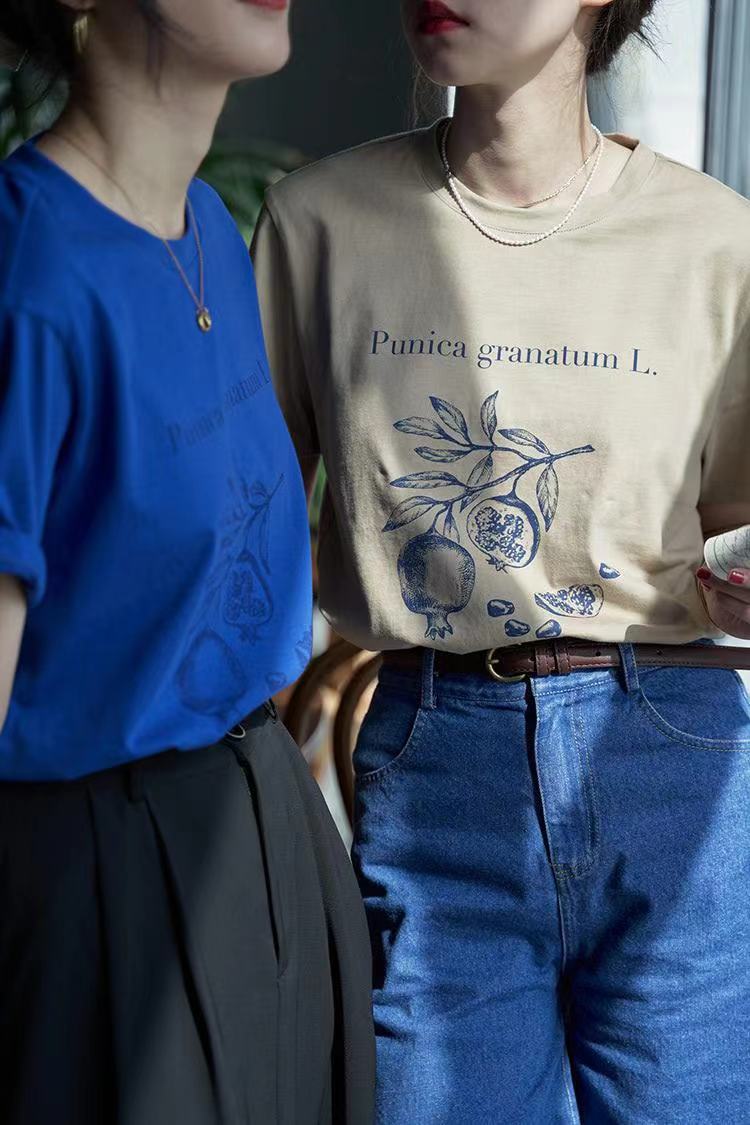 纯棉夏季石榴印花短袖T恤韩版宽松卡其高级感复古半袖女上衣24061305