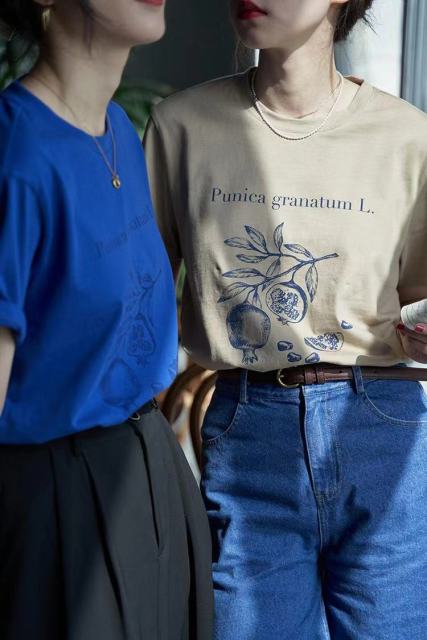 纯棉夏季石榴印花短袖T恤韩版宽松卡其高级感复古半袖女上衣24061305