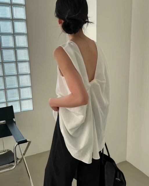 後背扭結棉麻背心女設計感小眾別緻吊帶慵懶風博主寬松無袖上衣夏24061502