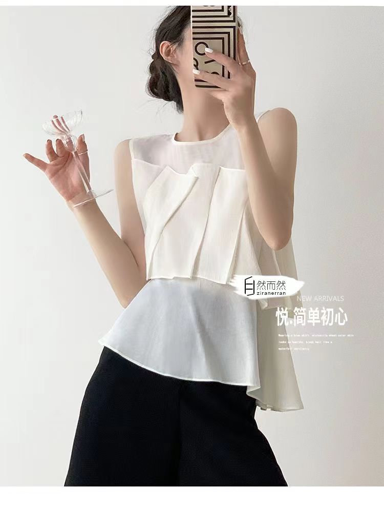 白色無袖上衣夏季女新款設計感小眾荷葉邊雪紡吊帶背心外穿24061602