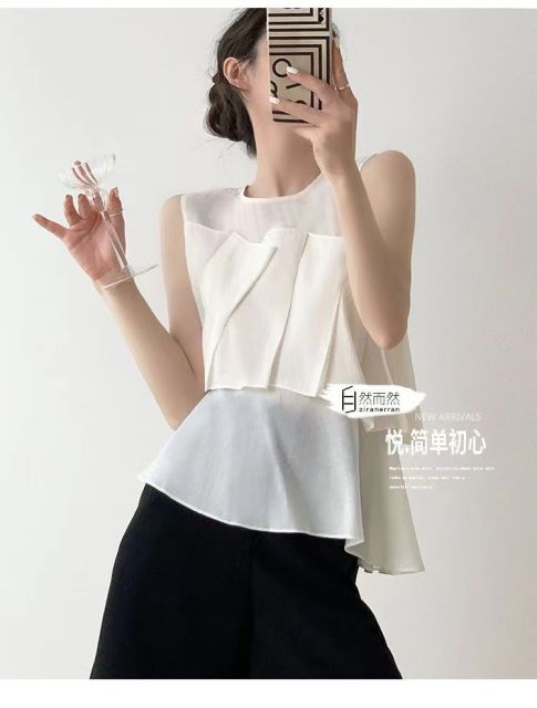 白色無袖上衣夏季女新款設計感小眾荷葉邊雪紡吊帶背心外穿24061602