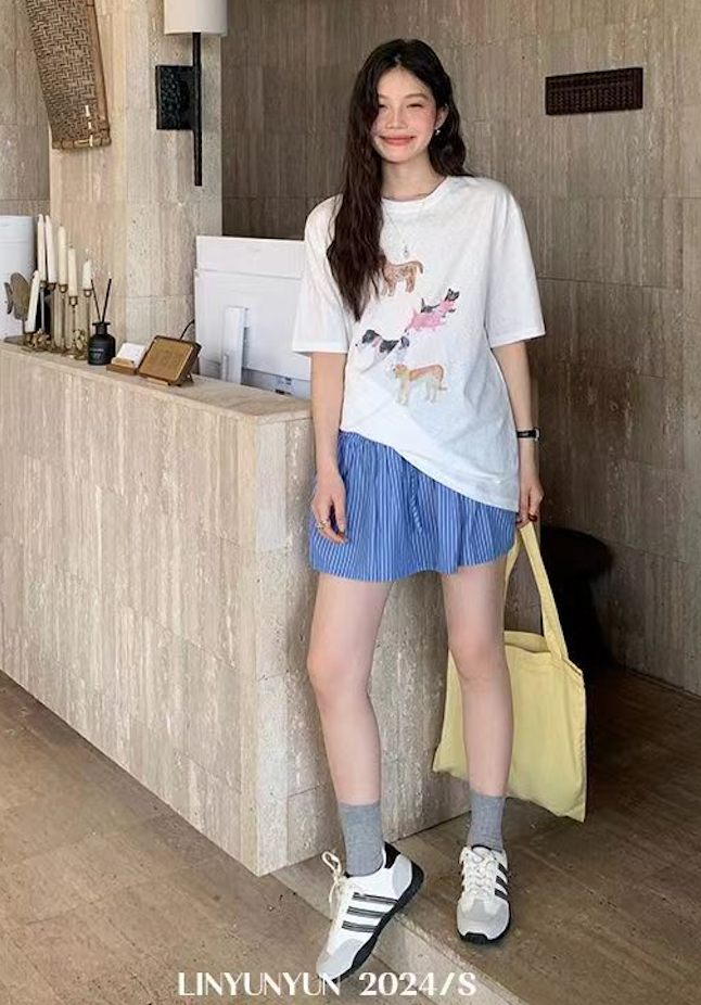 夏日蓬蓬裙韓版減齡藍色竪條紋a字裙女設計感小眾高腰系帶半身裙24062203