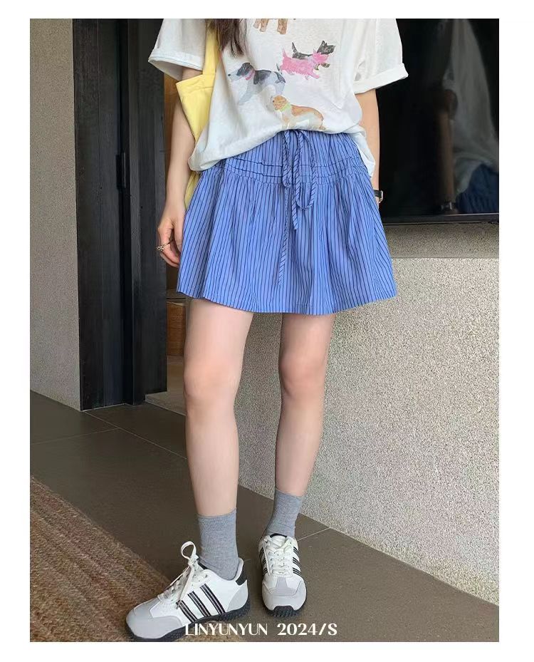 夏日蓬蓬裙韓版減齡藍色竪條紋a字裙女設計感小眾高腰系帶半身裙24062203