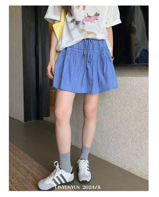 夏日蓬蓬裙韓版減齡藍色竪條紋a字裙女設計感小眾高腰系帶半身裙24062203