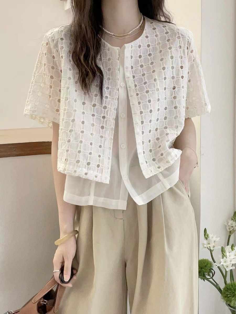 夏季新款歐貨鈎花鏤空假兩件短袖襯衫女夏季設計感襯衣24062706