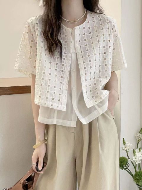 夏季新款歐貨鈎花鏤空假兩件短袖襯衫女夏季設計感襯衣24062706