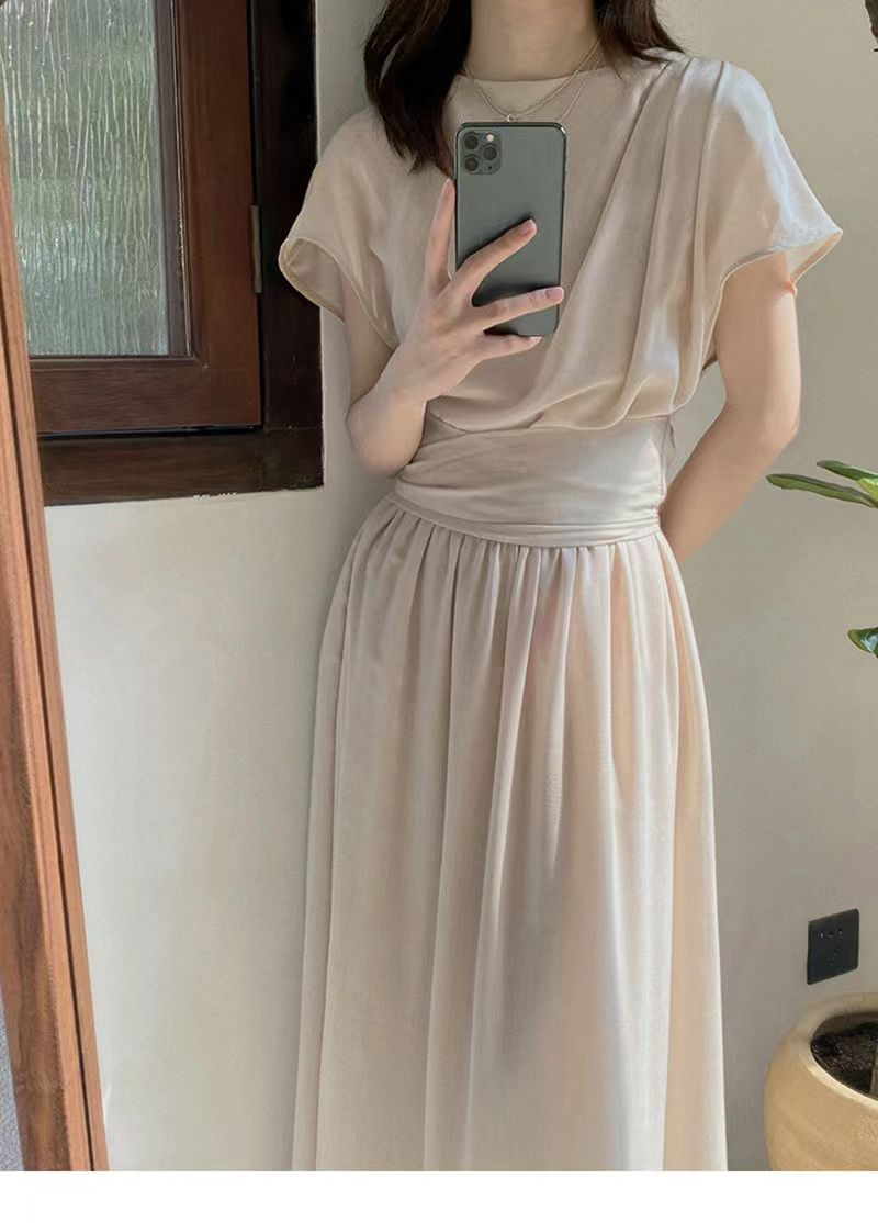 法式別緻高級感連衣裙女春夏新款通勤系帶收腰短袖裙24062701
