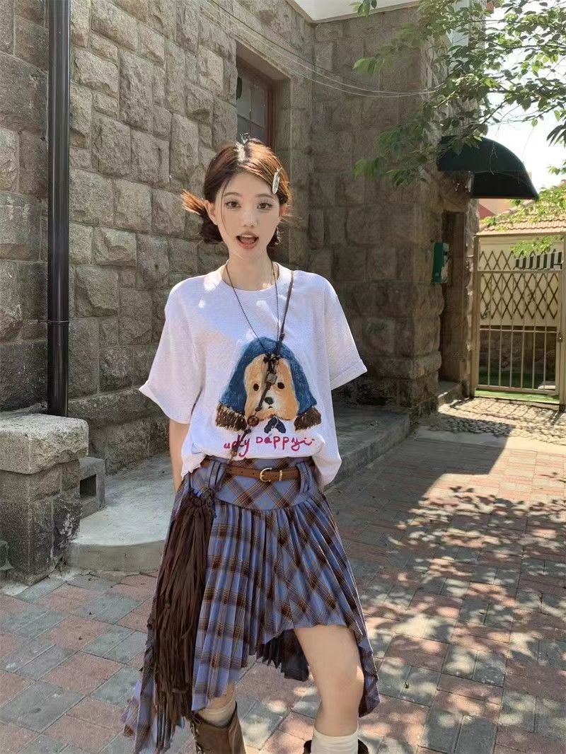 美式復古格子半身裙女夏季不規則高腰a字多巴胺印花圓領T恤兩件套24062802