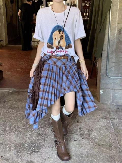 美式復古格子半身裙女夏季不規則高腰a字多巴胺印花圓領T恤兩件套24062802