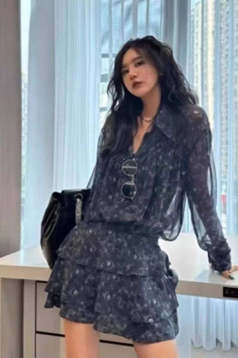 碎花防曬襯衫套裝女夏季新款寬松雪紡長袖上衣高腰短褲兩件套24070205