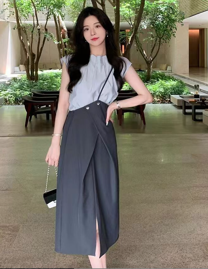 氣質顯瘦夏個性無袖上衣a字半身裙女開叉不規則背帶裙名媛兩件套24070503