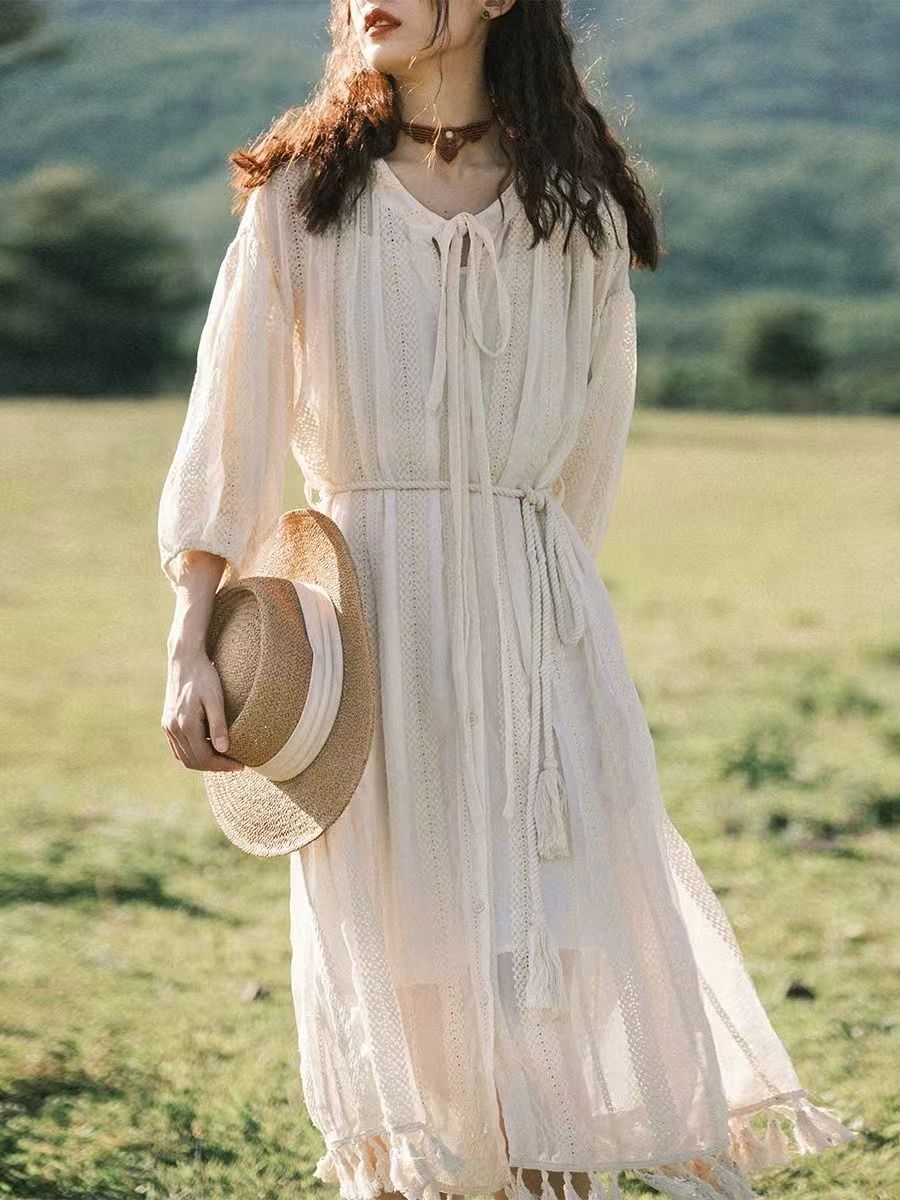 女裝流蘇開衫春秋季新款一片式薄外套寬松疊穿長裙長款防曬衫24070606