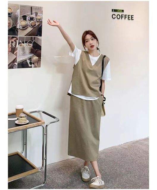 小眾設計感拼接假兩件T恤女高腰休閒百搭半身裙夏季新款兩件套裝t24071205