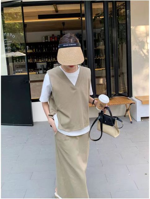 小眾設計感拼接假兩件T恤女高腰休閒百搭半身裙夏季新款兩件套裝t24071205