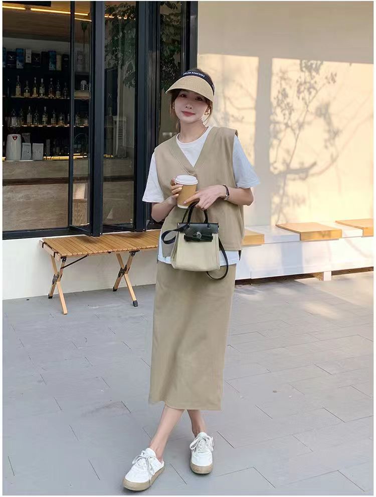 小眾設計感拼接假兩件T恤女高腰休閒百搭半身裙夏季新款兩件套裝t24071205