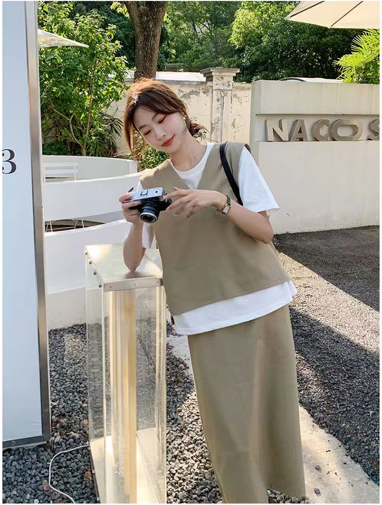 小眾設計感拼接假兩件T恤女高腰休閒百搭半身裙夏季新款兩件套裝t24071205