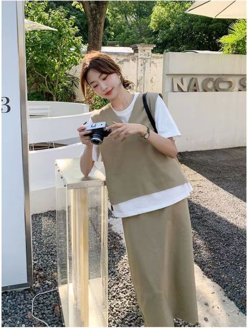 小眾設計感拼接假兩件T恤女高腰休閒百搭半身裙夏季新款兩件套裝t24071205