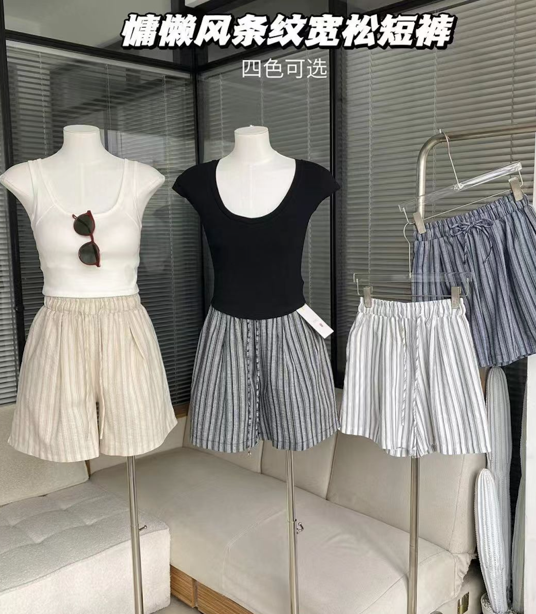 THELEMON檸檬綠茶復古港味條紋短褲女鬆緊腰寬松顯瘦A字休閒褲夏24071404