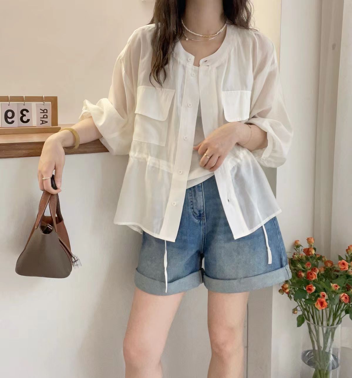 歐洲站夏裝新款歐貨抽繩收腰天絲防曬衣外套女夏季寬松上衣女24072204