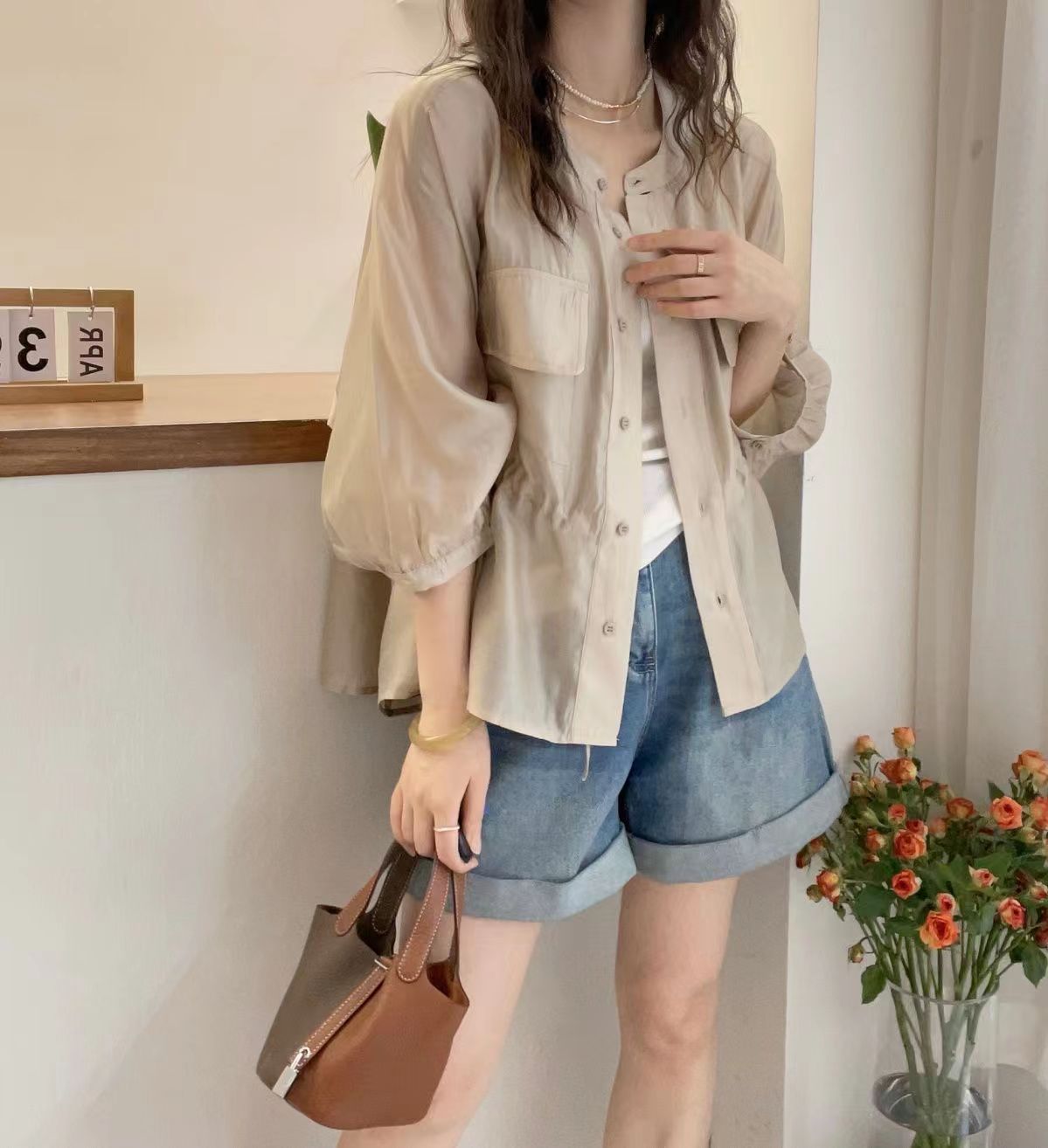 歐洲站夏裝新款歐貨抽繩收腰天絲防曬衣外套女夏季寬松上衣女24072204