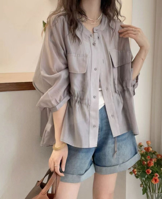 歐洲站夏裝新款歐貨抽繩收腰天絲防曬衣外套女夏季寬松上衣女24072204