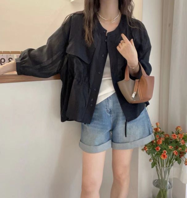 歐洲站夏裝新款歐貨抽繩收腰天絲防曬衣外套女夏季寬松上衣女24072204