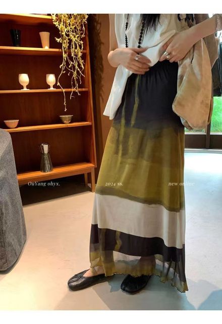 小眾設計拼色扎染網紗半身裙女夏季爆款高腰復古氣質顯瘦休閒長裙24072305