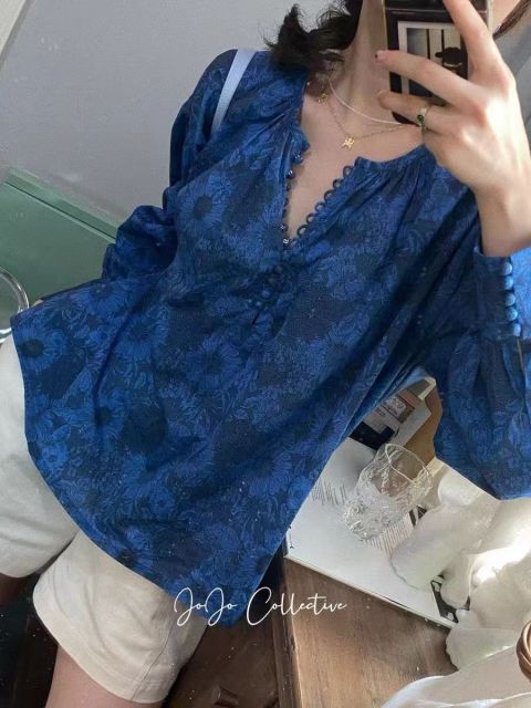 夏天傍晚七點的藍日系小眾文藝靜謐深藍手繪寬松棉襯衫與裙24072402