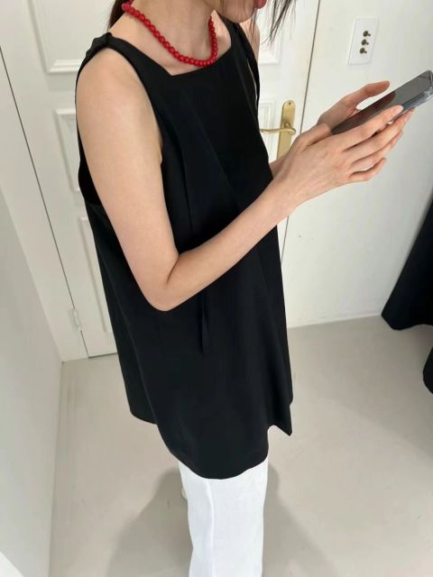 韓國chic夏季復古小眾方領寬松休閒A字背心裙可調節吊帶連衣裙女24072504