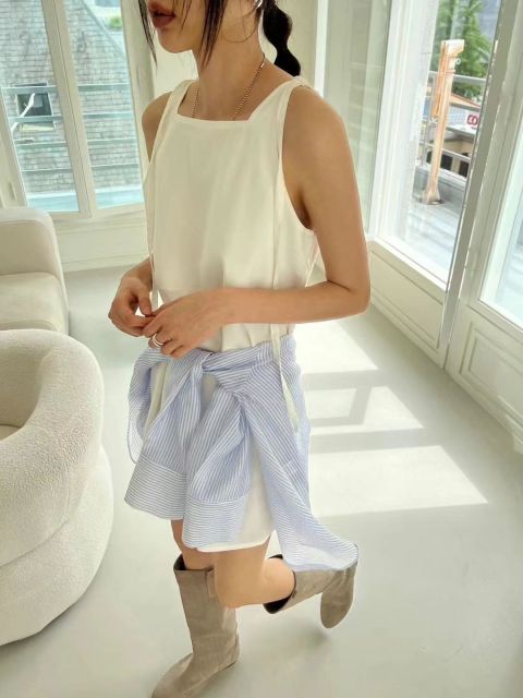 韓國chic夏季復古小眾方領寬松休閒A字背心裙可調節吊帶連衣裙女24072504