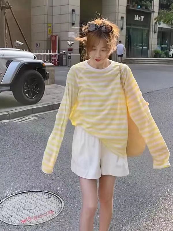 韓版條紋T恤女長袖夏季新款衣服休閒寬松薄款防曬衣罩衫上衣24073002