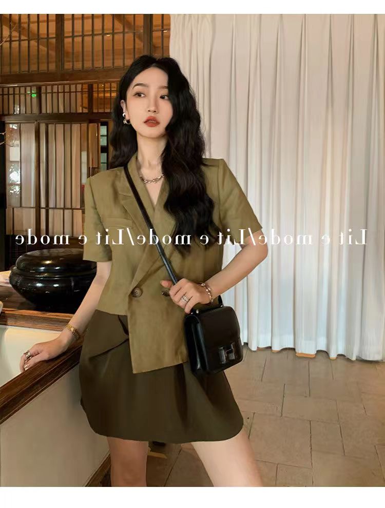 不規則棉麻短袖西裝外套女薄設計感小眾夏季通勤個性網紅短款上衣24073003