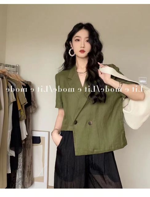 不規則棉麻短袖西裝外套女薄設計感小眾夏季通勤個性網紅短款上衣24073003